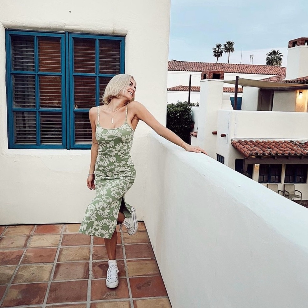 Green Floral Slip Midi Dress with Spaghetti Straps